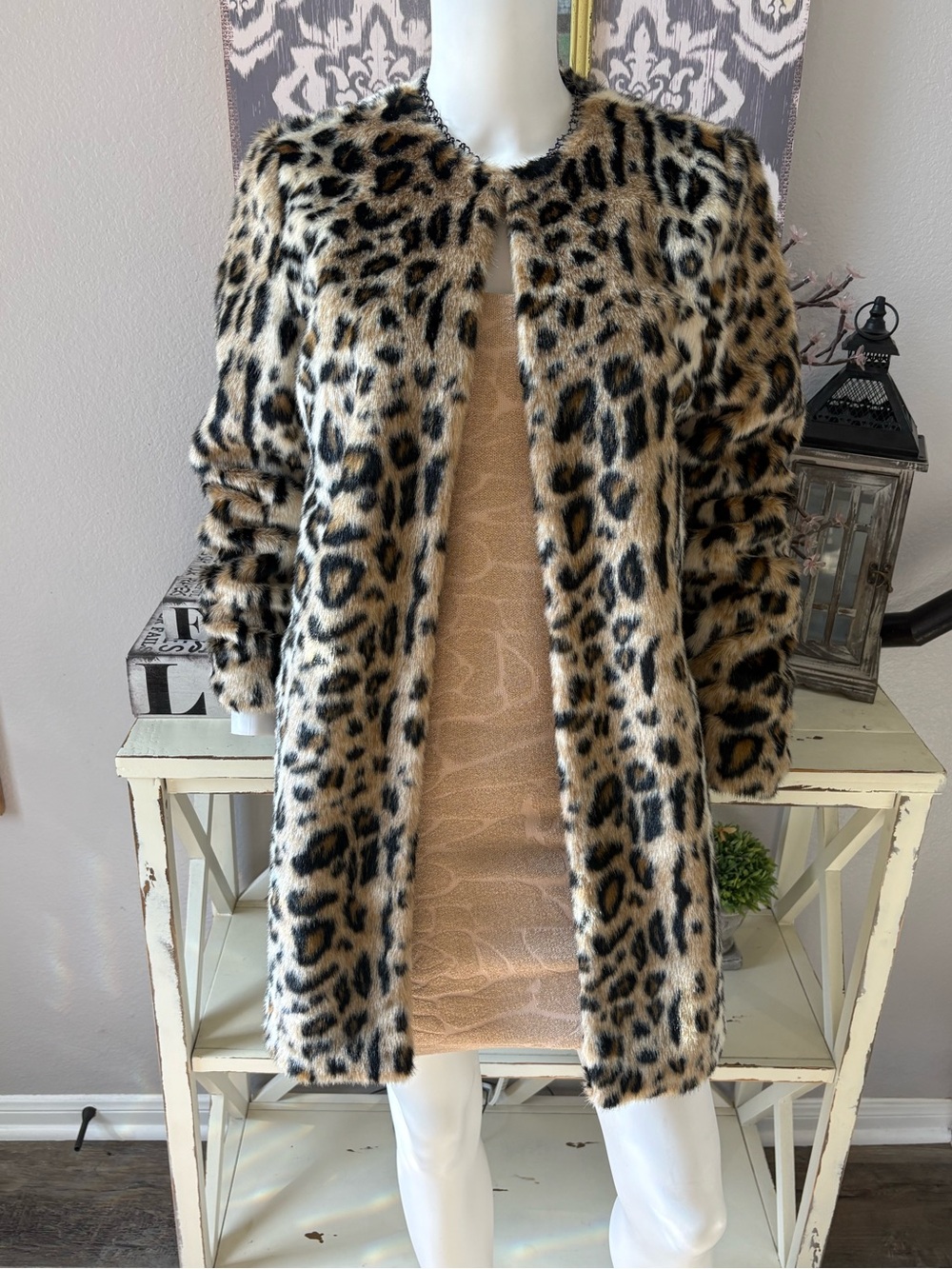 Tahari Leopard Print Faux Fur Open Front Coat Jacket Women’s Size S